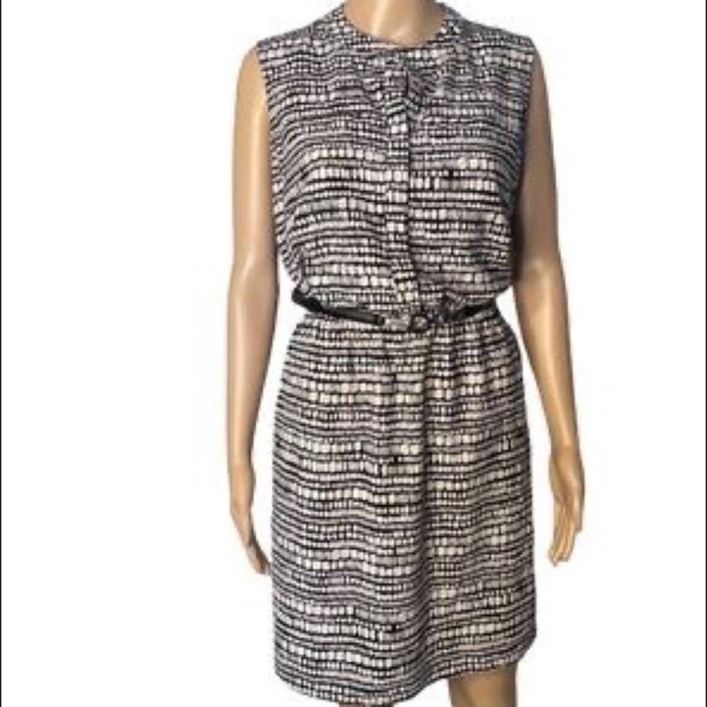 Merona Mini Dress Medium Casual Career Textile Belted Sleeveless Black White